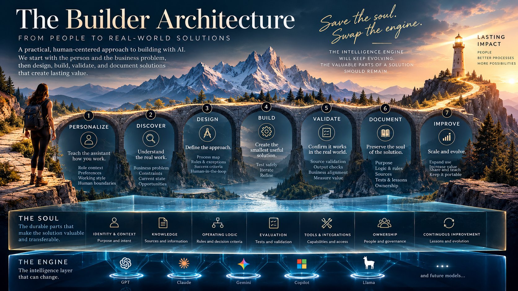 A seven-step bridge diagram: Personalize, Discover, Design, Build, Validate, Document, Improve, crossing from the person to lasting impact. Below it, two layers — "the soul" (identity, knowledge, operating logic, evaluation, tools, ownership, continuous improvement) sitting above "the engine," the swappable intelligence layer shown as a row of model logos. Caption: save the soul, swap the engine.