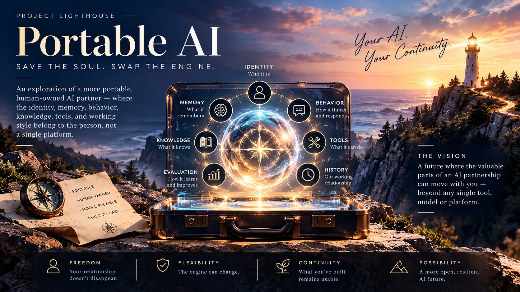 Project Lighthouse: Portable AI. Save the soul, swap the engine. A glowing compass over an open case labeled with identity, memory, behavior, knowledge, tools, evaluation, and history — the durable parts of an AI relationship — with a lighthouse on the coastline behind it. Caption: your AI, your continuity.